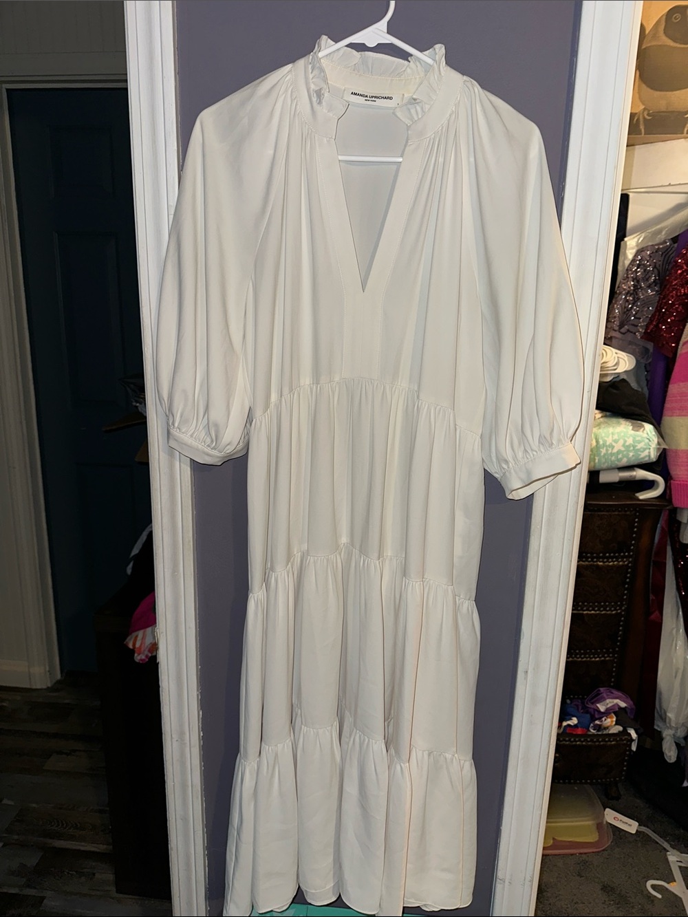 Amanda Uprichard Cream Ruffled Collar Tiered Maxi Dress
